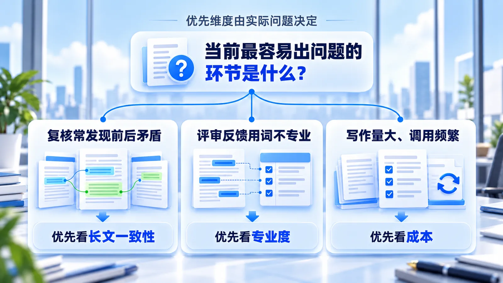 长文一致性、专业度、成本该优先看哪个，取决于团队当前最容易出问题的环节，没有固定优先顺序
