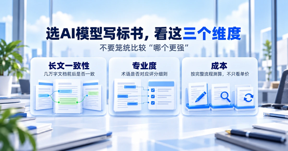选AI模型写标书要看长文一致性、专业度和成本三个维度，不是笼统比较哪个模型更强