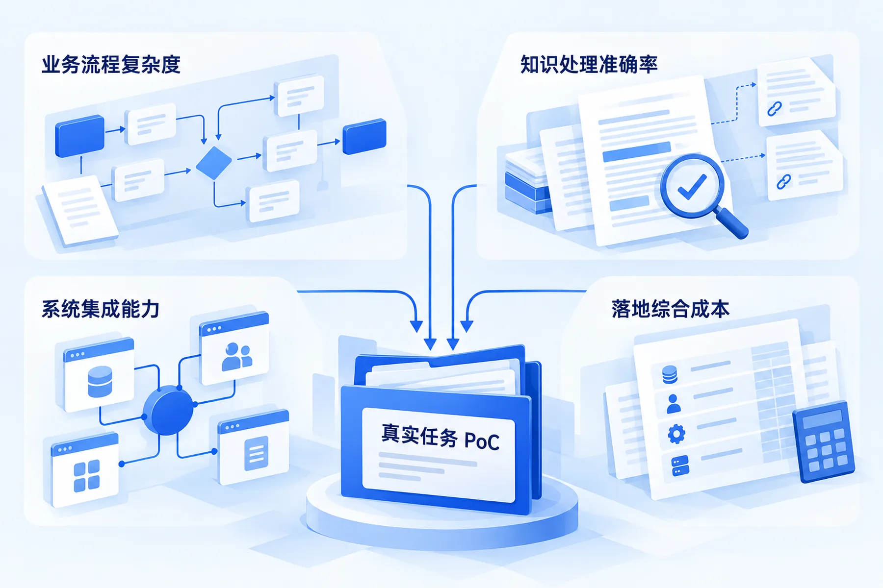 企业 AI 办公工具从业务流程复杂度、知识处理准确率、系统集成能力和落地综合成本四个维度评估，四项一起放进真实任务验证