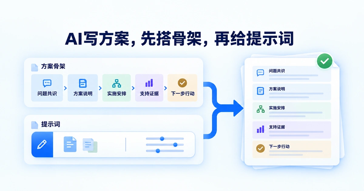 AI写方案的核心方法：先搭好问题共识、方案说明、实施安排等骨架模块，再用具体提示词让AI产出可用初稿