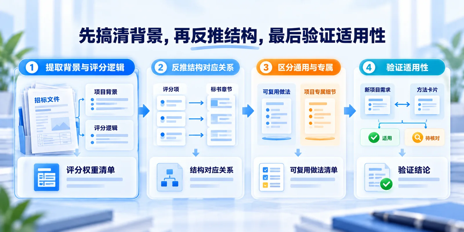 用AI分析标书案例提炼可复用做法的四个步骤：提取背景、反推结构、区分做法、验证适用性
