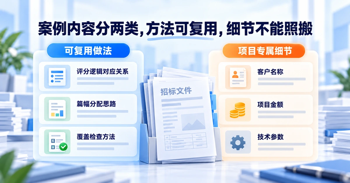 标书案例里，评分逻辑对应关系、篇幅分配思路、覆盖检查方法等做法可以复用，客户名称、项目金额、技术参数等项目专属细节不能直接套用