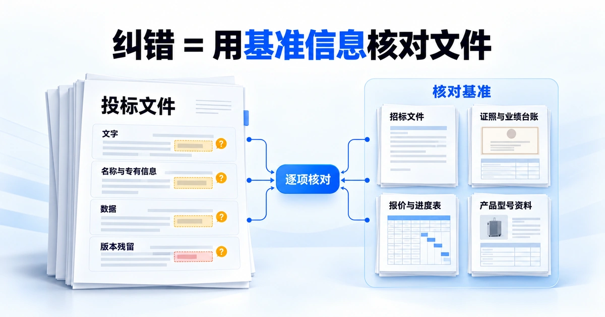 标书纠错以招标文件、企业证照台账与报价资料为基准，逐项核对文件中的名称、数据与专有信息