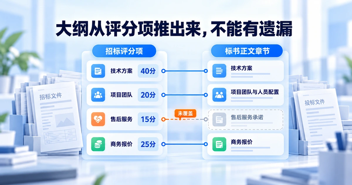 标书章节大纲对应招标评分项，缺一项对应章节就是覆盖风险