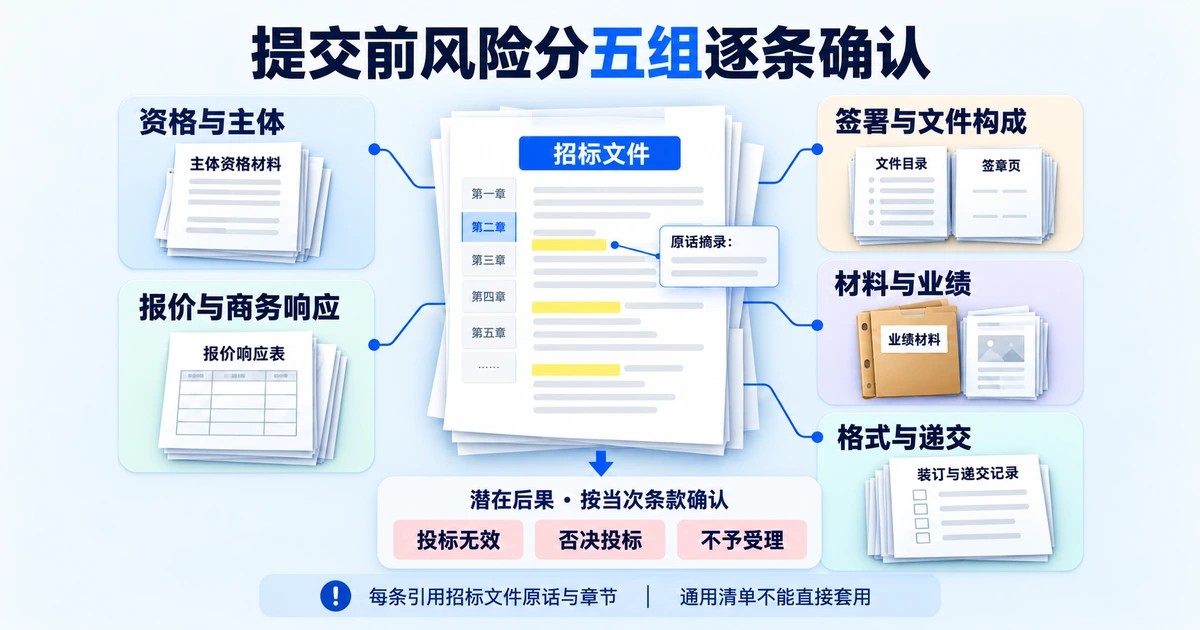 标书提交前需要逐条确认的五组废标风险——资格、签署、报价、材料与递交，依据来自招标文件