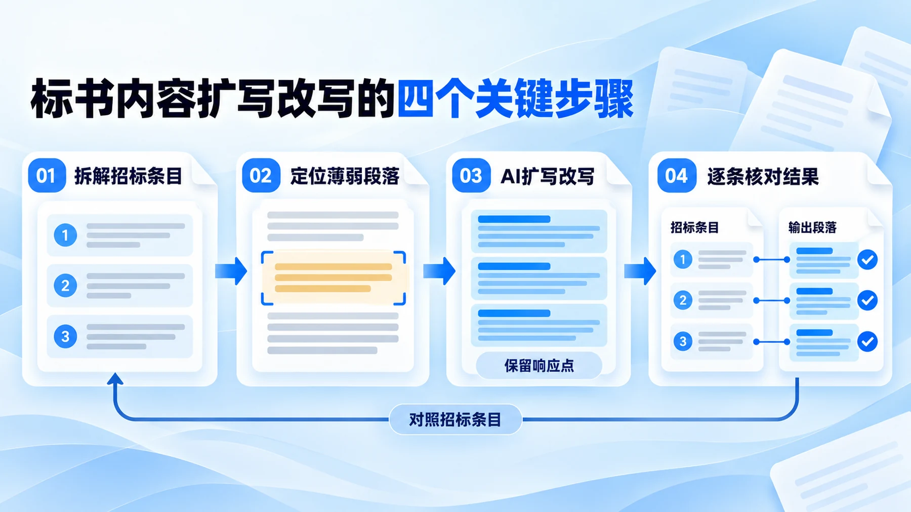 标书内容扩写改写需要先拆解招标条目、定位薄弱段落，再用AI改写并逐条核对响应点