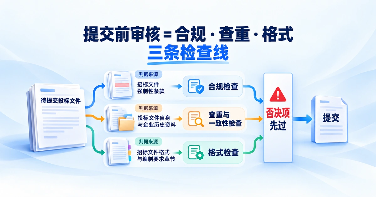 标书提交前的合规、查重与格式三类检查分别来自不同判据来源，共同收口到提交节点