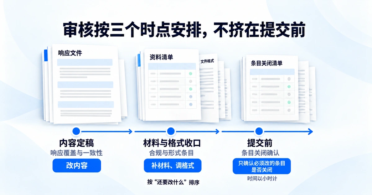 标书审核按内容定稿、材料与格式收口、提交前三个时点安排检查内容与处理方式