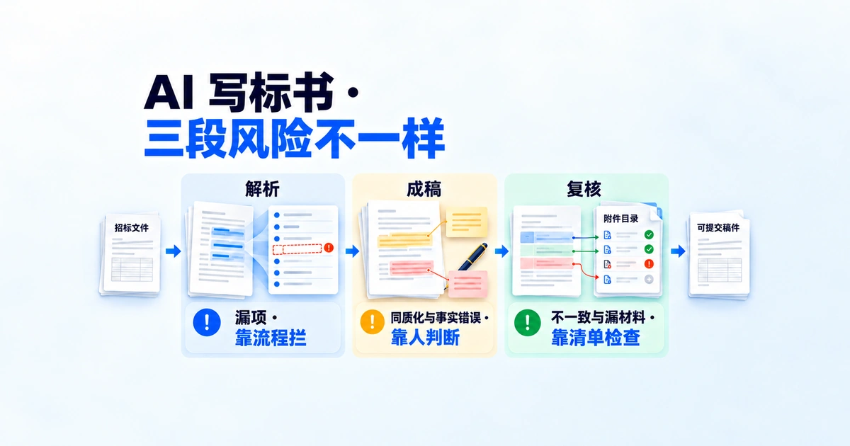 AI写标书的解析、成稿、复核三段各自的风险性质：漏项靠流程拦截，同质化与事实错误靠人工判断，不一致与材料缺失靠清单检查