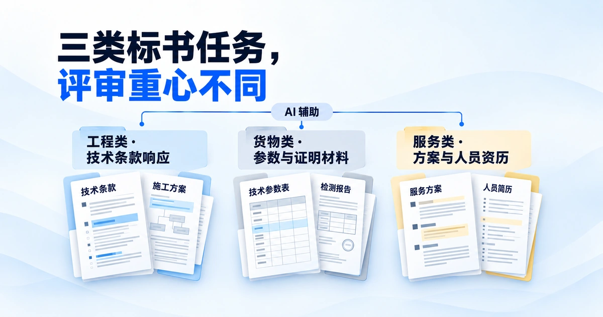 工程、货物、服务三类标书任务分别对应技术条款响应、参数与证明材料、服务方案与人员资历三种评审重心