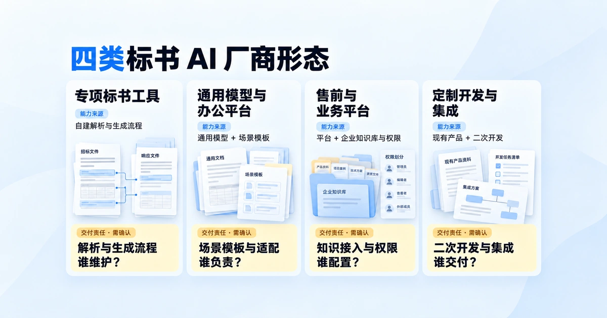 四类标书AI厂商形态及其能力来源与交付责任差异：专项标书工具、通用模型与办公平台、售前与业务平台、定制开发与集成服务商