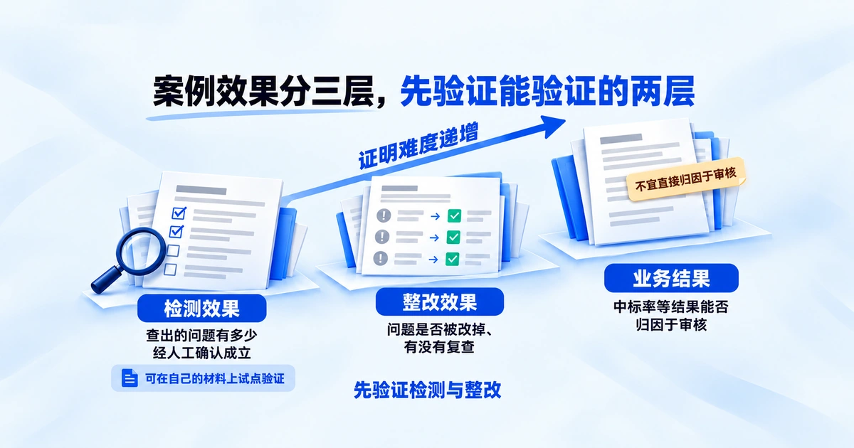 AI审核案例效果的三层：检测效果、整改效果、业务结果，证明难度逐层增加，前两层可在自己的材料上验证