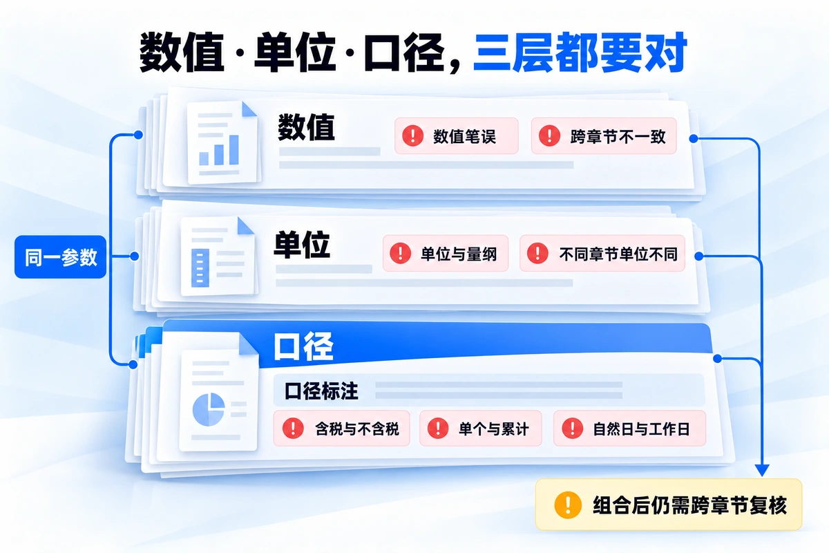 标书数据核对需要同时检查数值、单位与口径三层，含税口径、累计口径与工期计算方式常被混用
