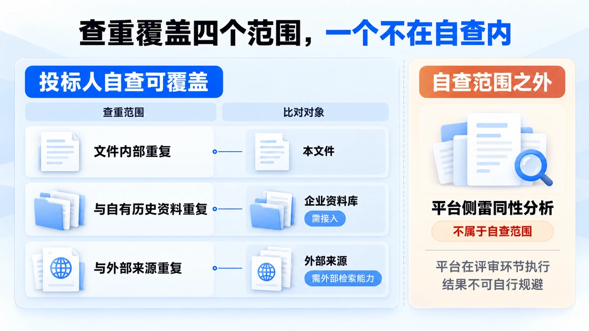 标书查重的四个范围——文件内部重复、自有历史资料重复、外部来源重复与平台侧雷同性分析，各自所需的比对对象