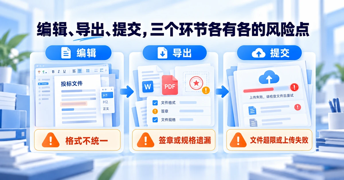 电子标书编辑、导出、提交三个环节各有独立风险点：编辑阶段格式不统一，导出阶段签章或规格遗漏，提交阶段文件超限或上传失败