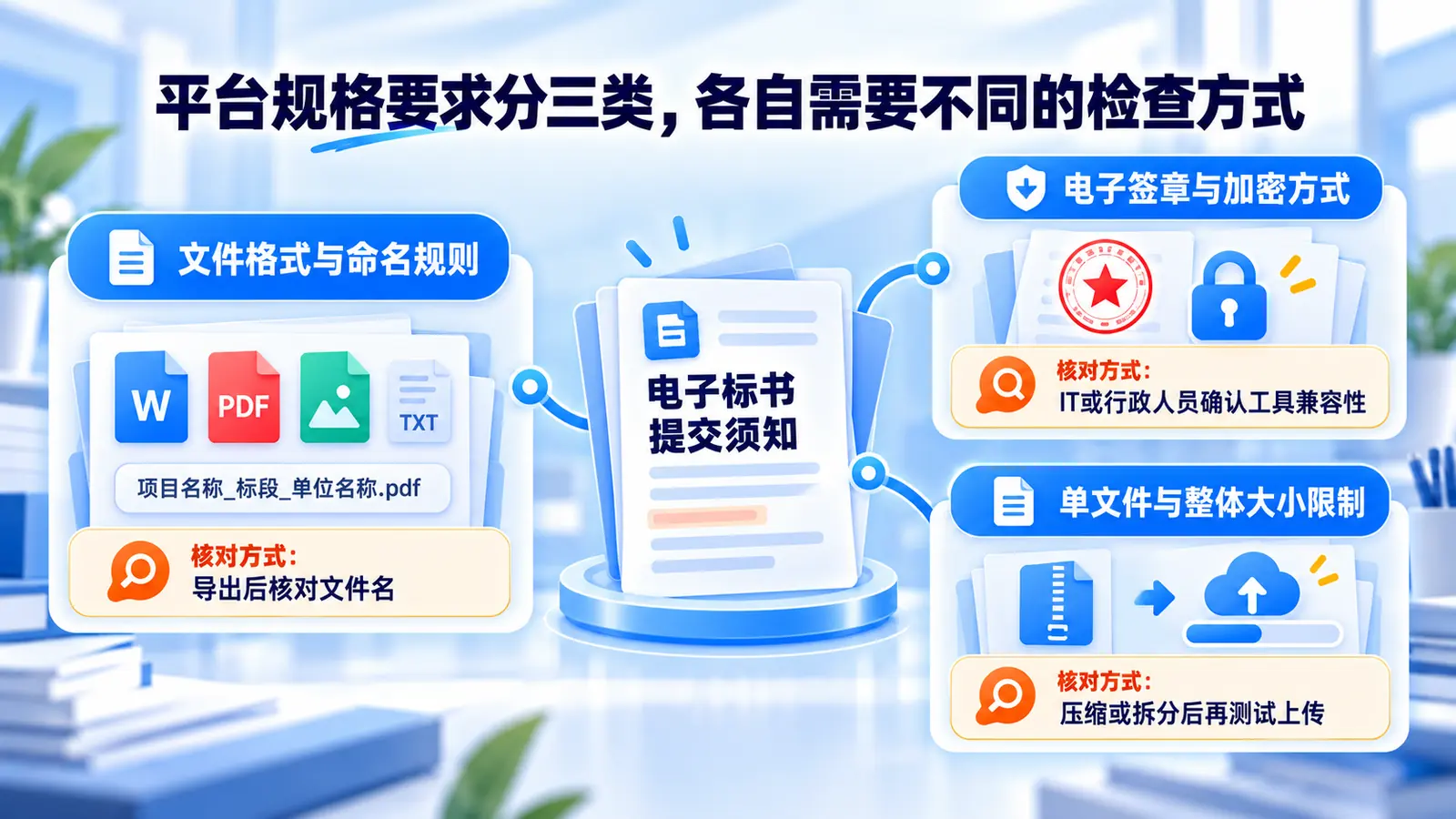 电子标书平台规格要求分三类，各自需要不同的检查方式：文件格式与命名规则、电子签章与加密方式、单文件与整体大小限制