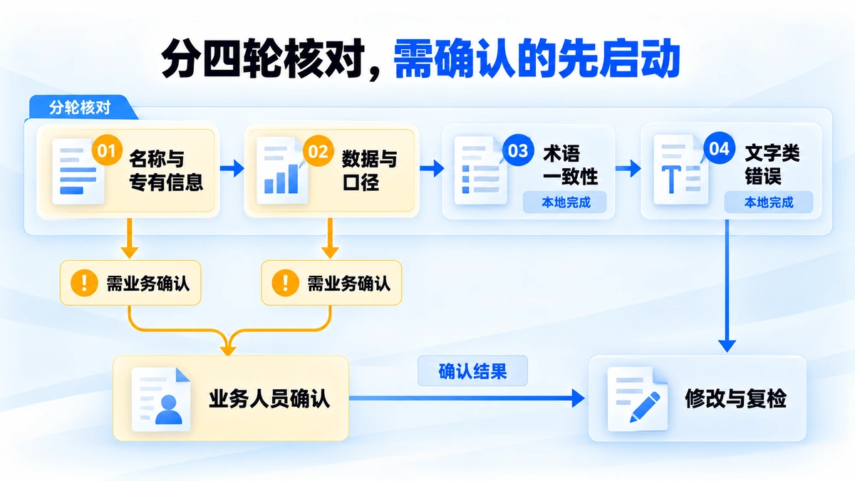 标书纠错按名称、数据、术语、文字四轮推进，需业务确认的轮次最先启动并回流到修改环节