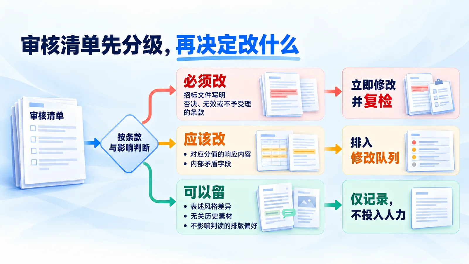 标书审核结果按必须改、应该改、可以留三条判定线分级，并对应不同的修改与复检动作