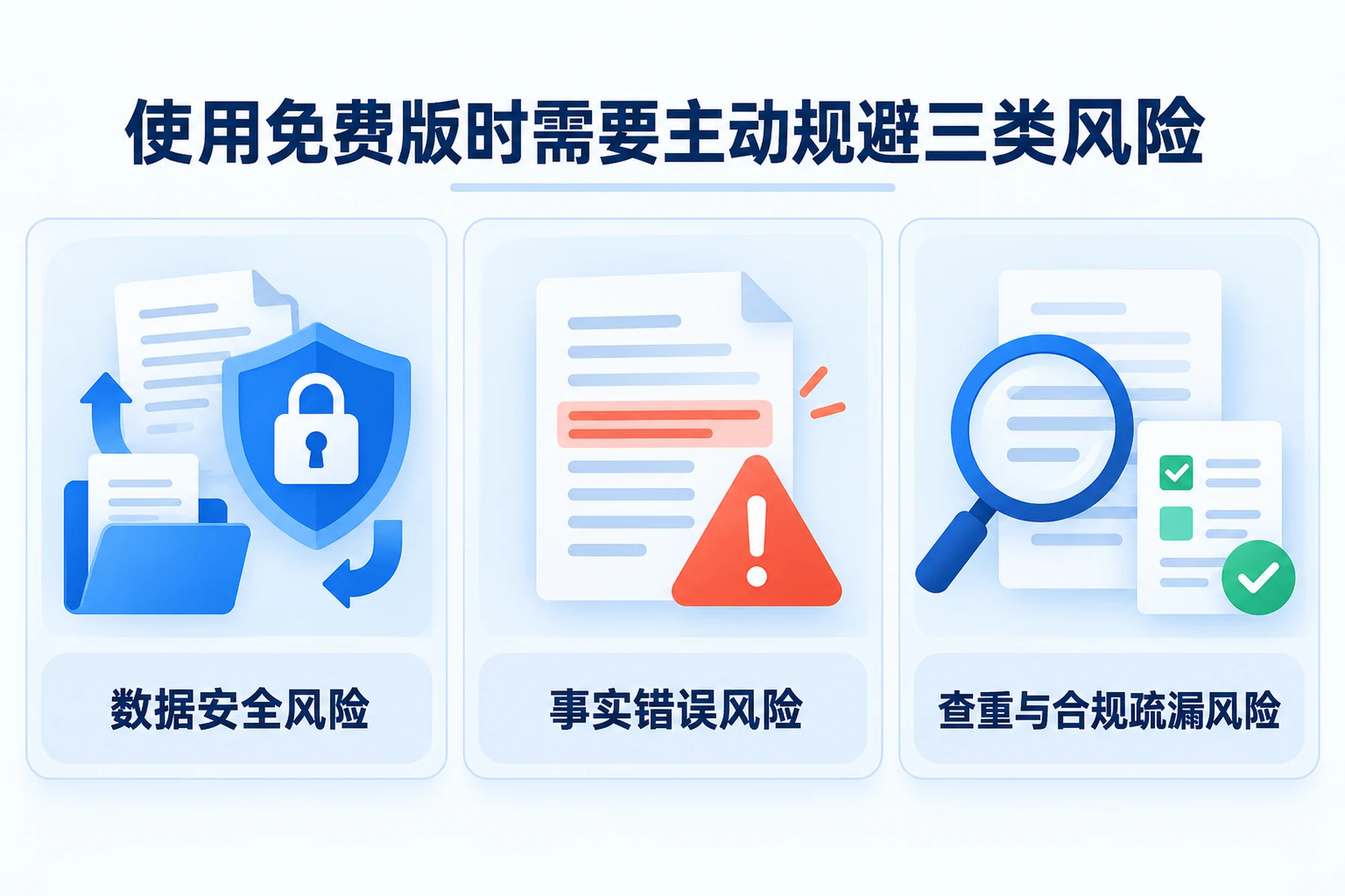 使用免费AI标书工具时需要注意的三类风险：数据安全、事实错误、查重与合规疏漏