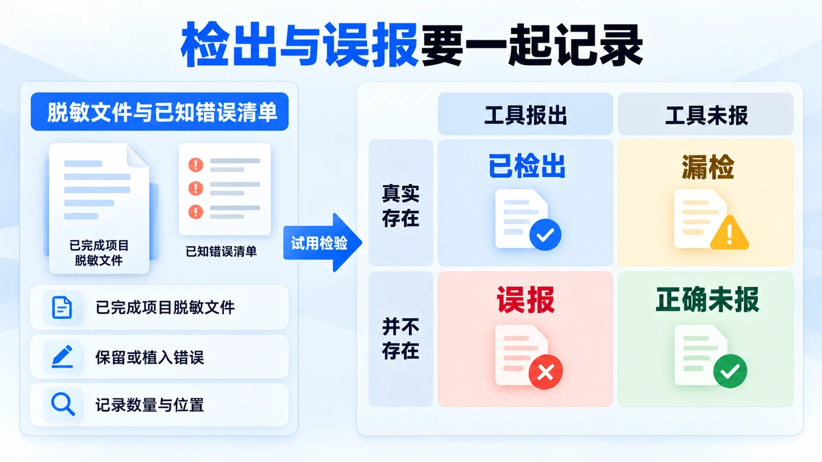 用带已知错误的脱敏文件检验标书审核工具，同时记录检出、漏检与误报三类结果