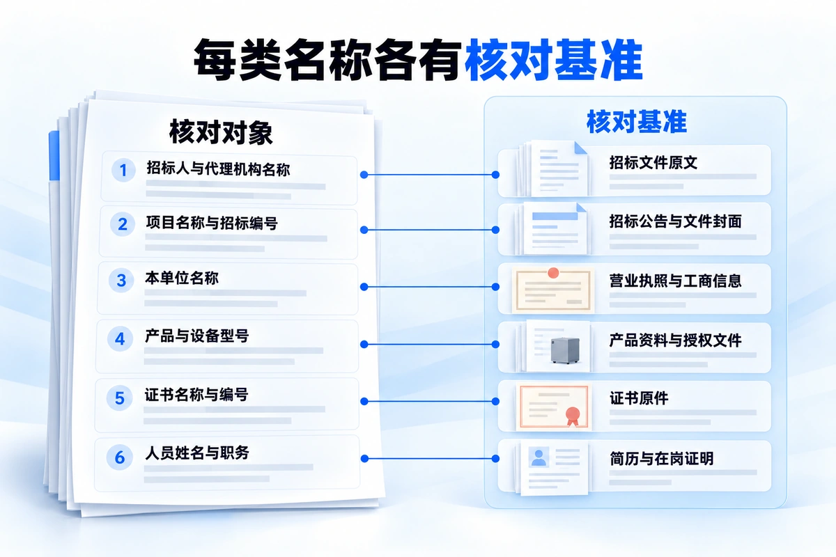 标书中招标人名称、项目编号、产品型号、证书编号与人员信息分别对应的核对基准来源