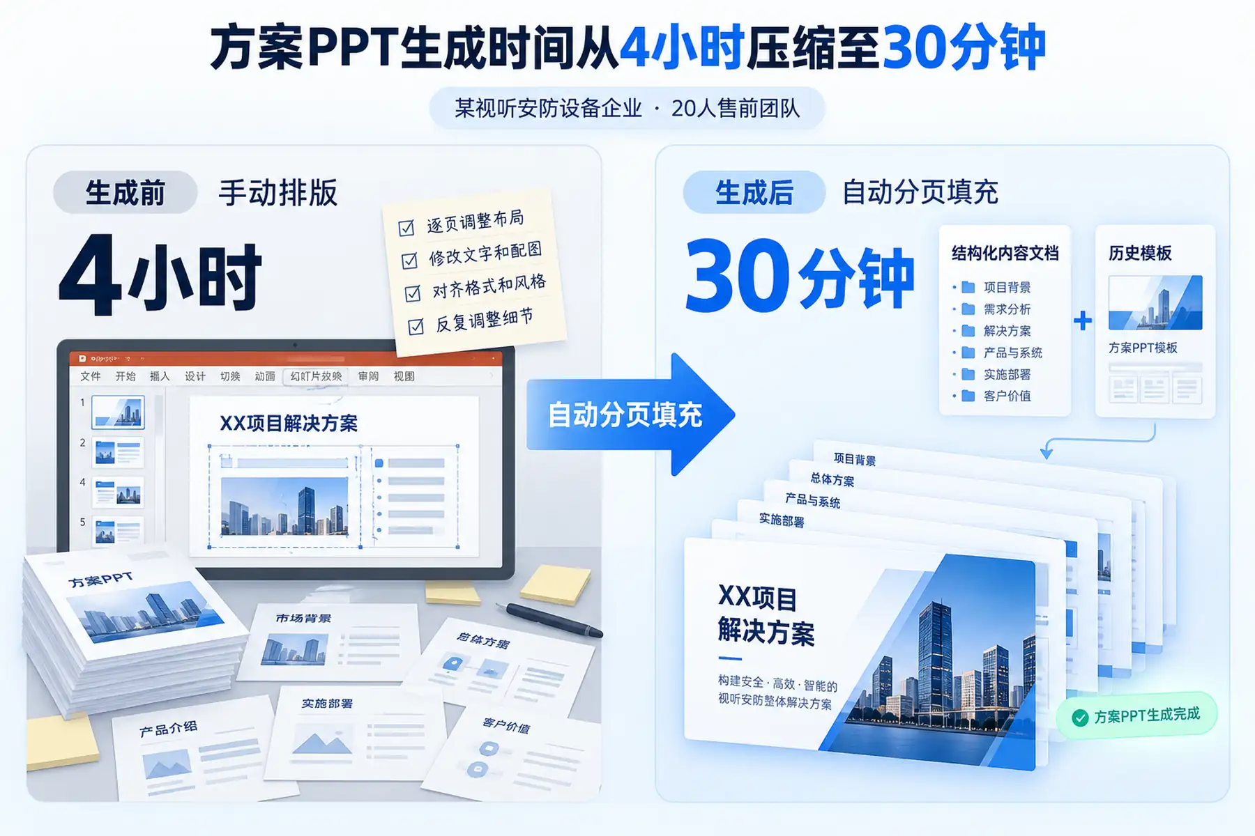 视听安防设备企业售前团队方案PPT生成时间从4小时压缩至30分钟