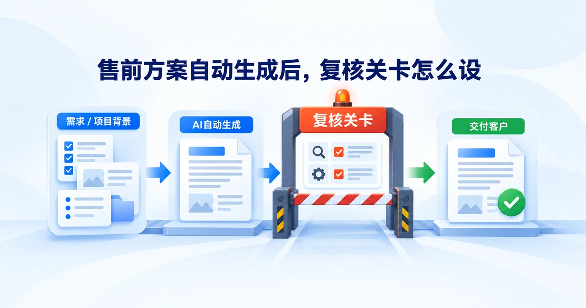 售前方案从AI自动生成到交付客户之间设有复核关卡，用于拦截未经确认的内容