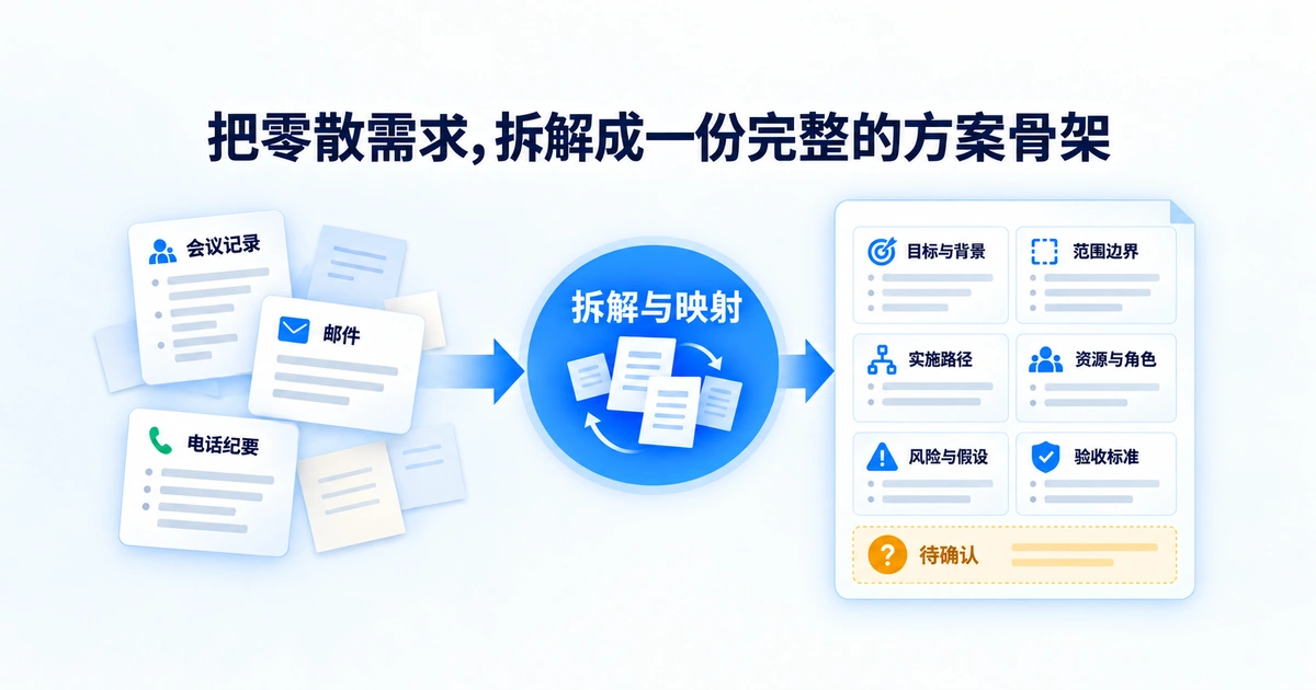 零散的会议记录、邮件和电话纪要经过拆解映射，转化为包含六个模块的完整解决方案骨架