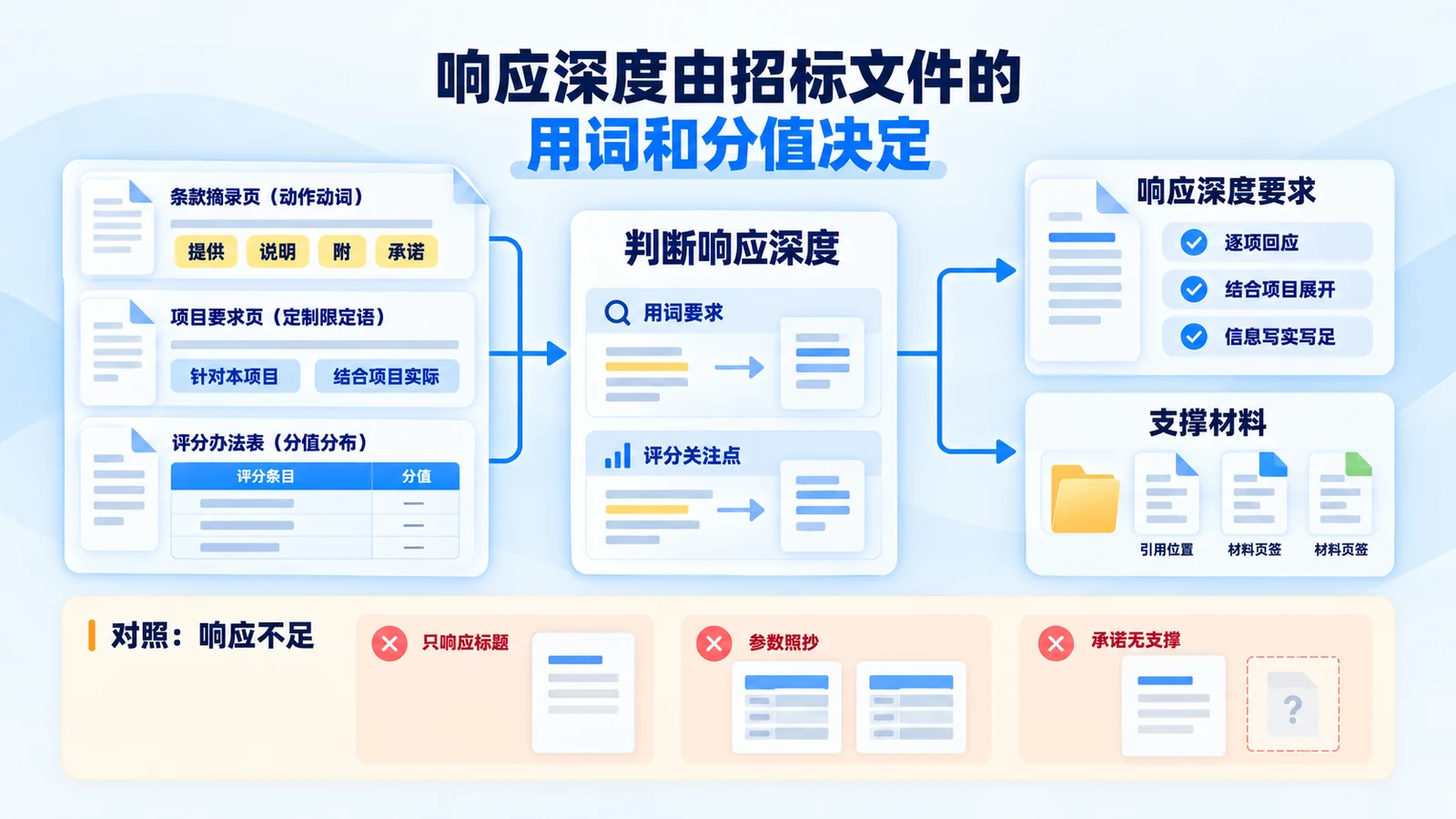 从招标文件的动作动词、定制限定语与评分分值推导标书响应深度要求，并对照三种响应不足形态
