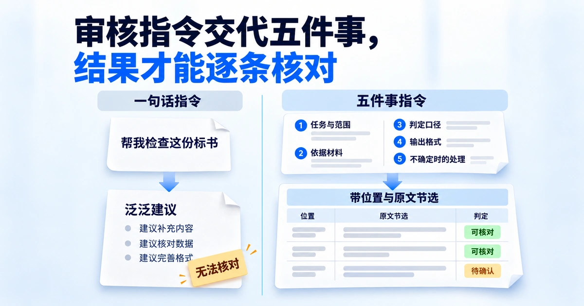 审核指令只写帮我检查与交代五件事的对比：前者交回无法核对的建议，后者交回带位置和原文节选的逐条结果