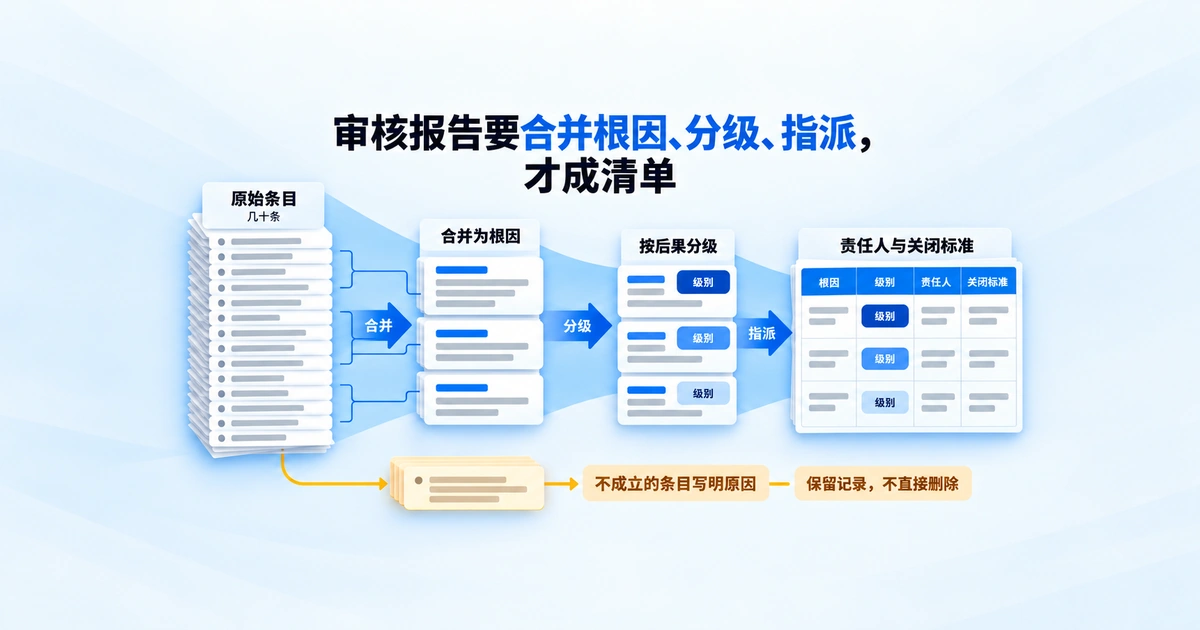 审核报告从几十条原始条目，经合并根因、按后果分级、指派责任人，收敛为带关闭标准的整改清单