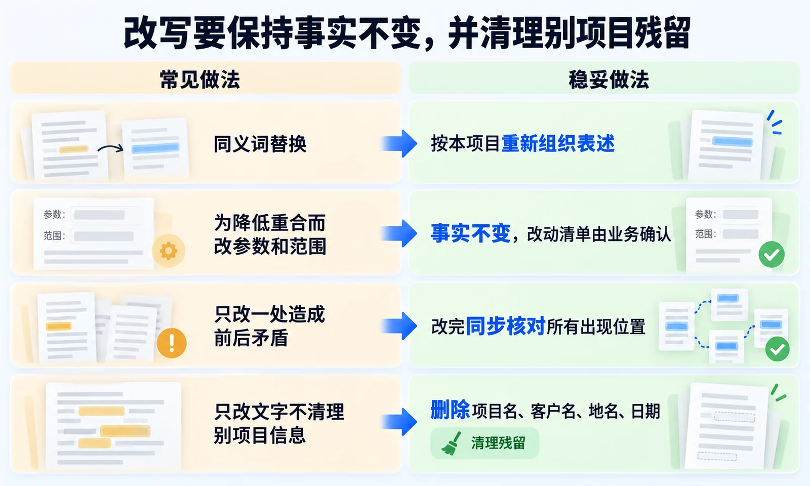 改写重复段落的四个常见做法与对应的稳妥做法：重新组织表述、事实不变、同步核对、清理别项目信息