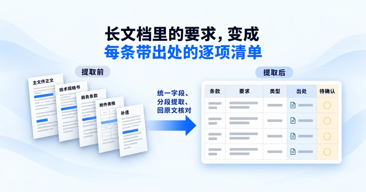 RFP的正文、技术规格书、附件和补遗经统一字段提取，变成每条要求都带出处和待确认项的逐项清单