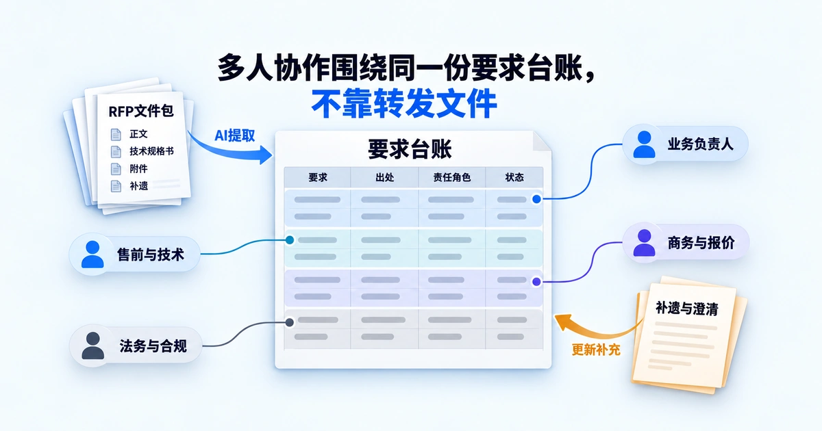 多个角色围绕同一份要求台账协作：RFP文件包经提取进入台账，业务、售前、商务、法务各取相关条目，补遗回流更新台账