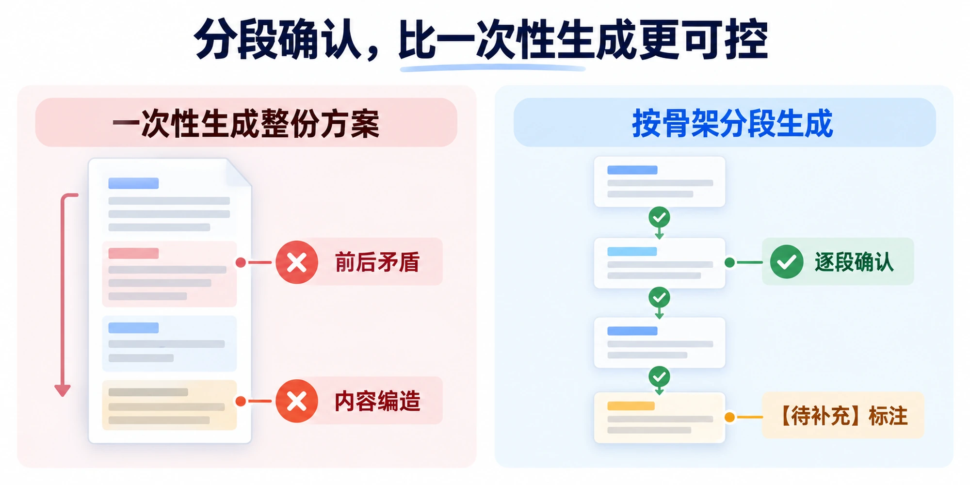 一次性生成整份方案容易前后矛盾和内容编造，按骨架分段生成并逐段确认更可控的对比示意