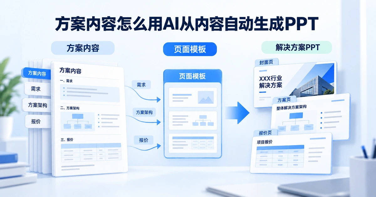 方案文字内容通过AI映射转换为结构完整的解决方案PPT页面框架