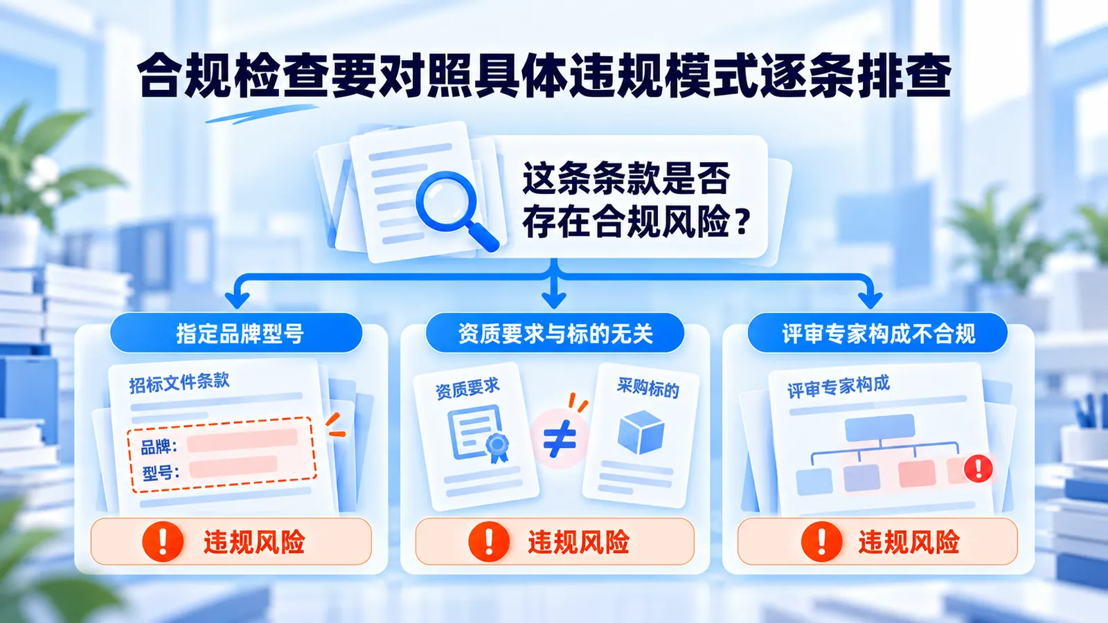 招标文件条款合规检查最常出现的三类违规风险：指定品牌或型号、资质要求与采购标的无关、评审专家构成不符合规定
