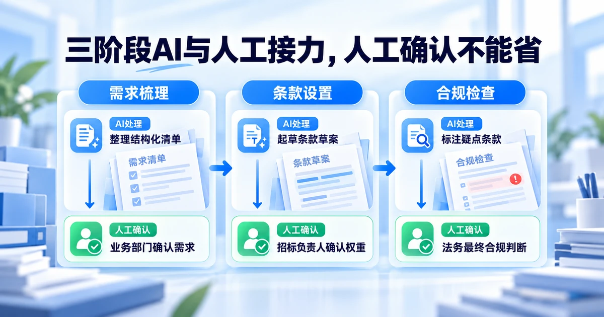 招标文件编制分需求梳理、条款设置、合规检查三阶段，每阶段都是AI处理后再由人工确认，人工确认不能省